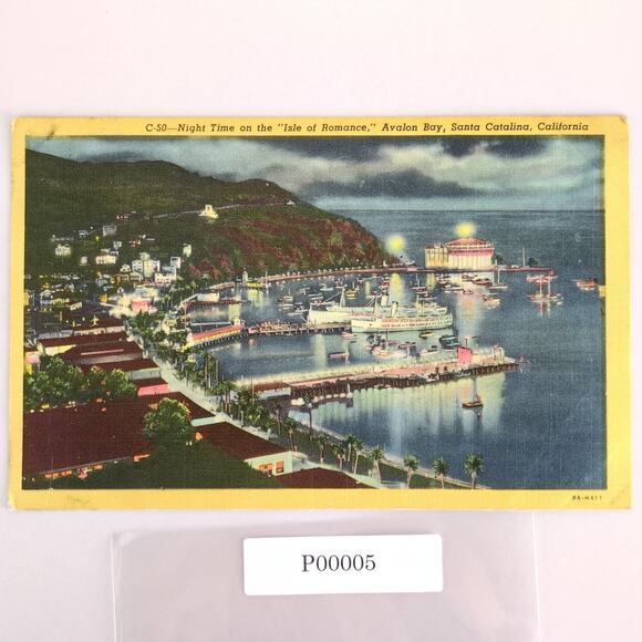 Vintage 1954 Linen Postcard Avalon Bay Santa Catalina Night Time California - Picture 1 of 2